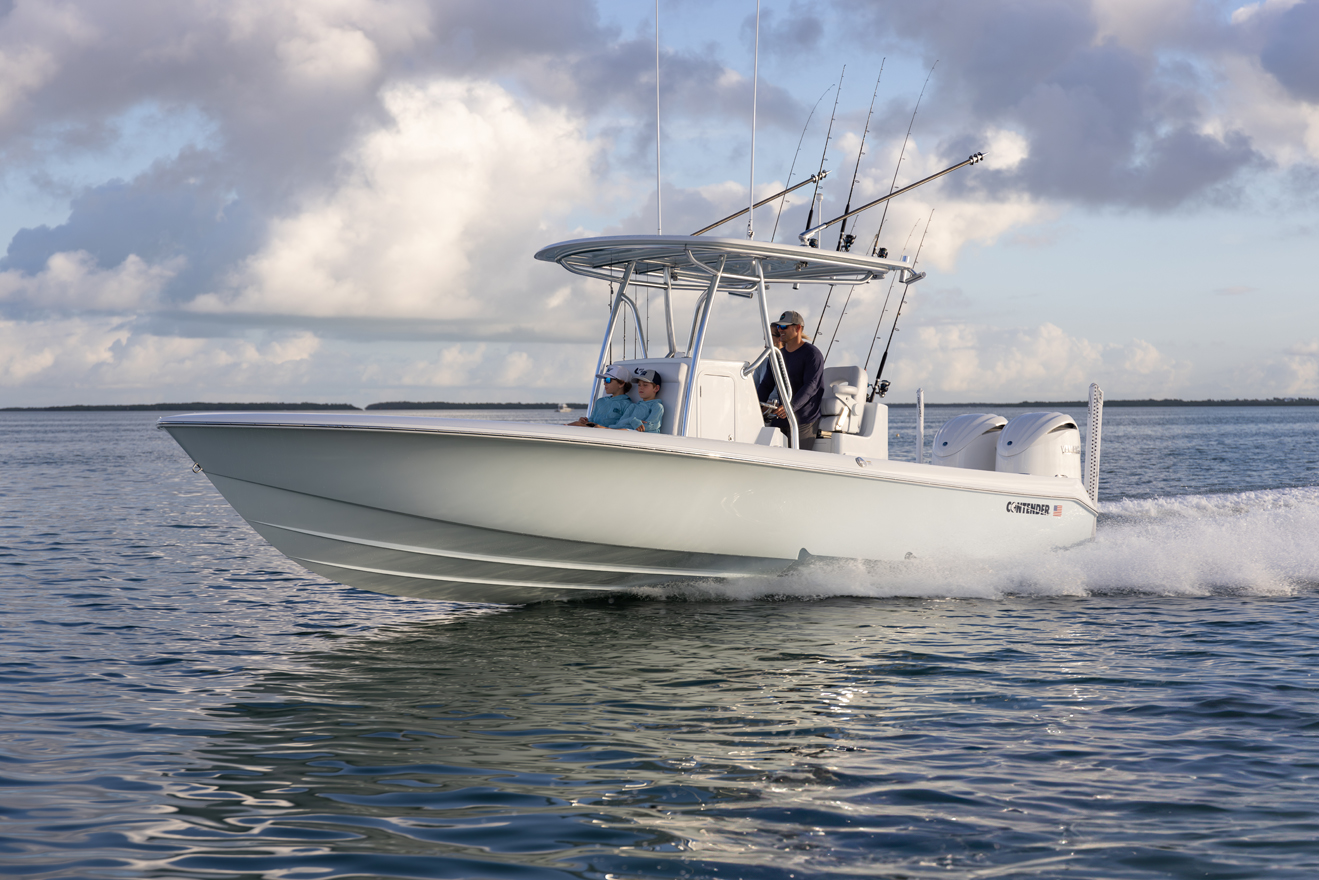 A running shot of a Contender bay boat